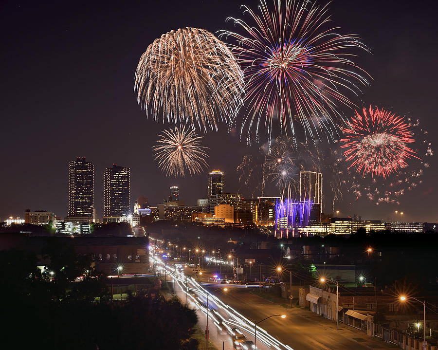 Fort Worth Skyline At Night Fireworks Color Evening Ft. Worth Texas Photograph by Jon Holiday
