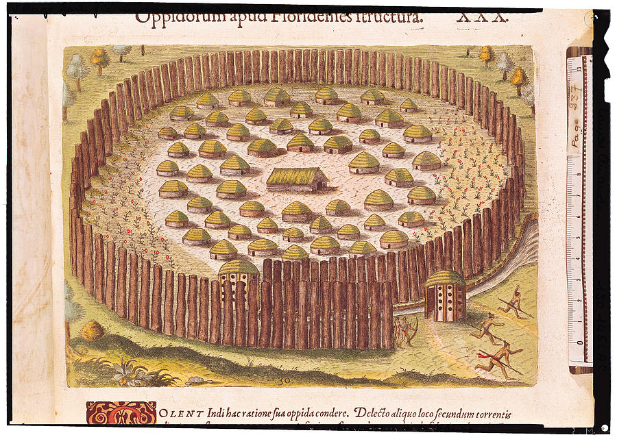 Fortified Indian Village, From Brevis Narratio..., Published By Theodore De Bry, 1591 Coloured Photograph by Th. Bry