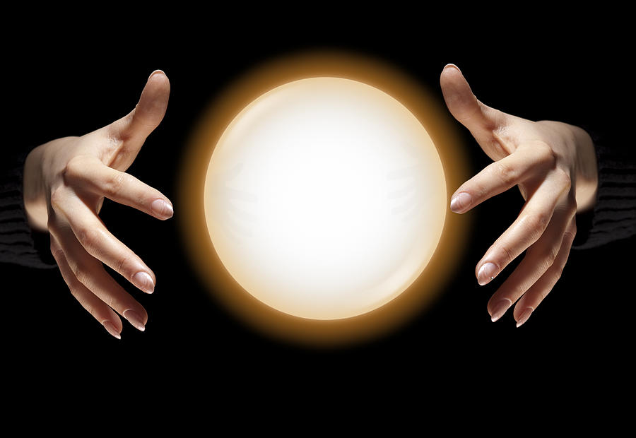 Fortune Tellers Hands With Glowing Crystal Ball, Dark Black Background Photograph by JamesBrey