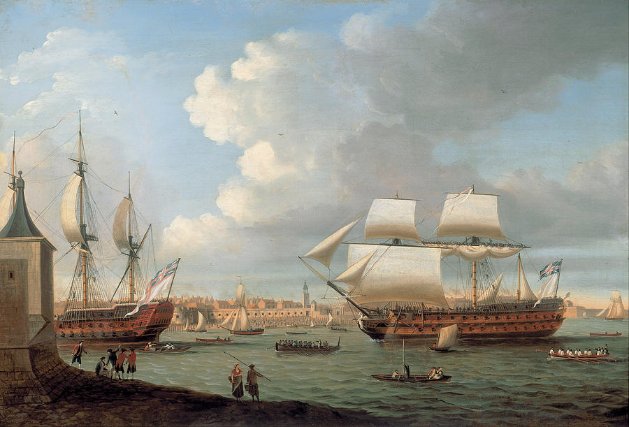 Foudroyant and Pegase entering Portsmouth Harbour Painting by Dominic Serres