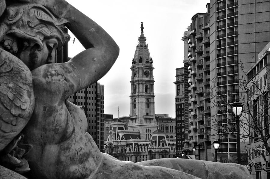 Fountain and Philadelphia City Hall in Black and White Photograph by Bill Cannon