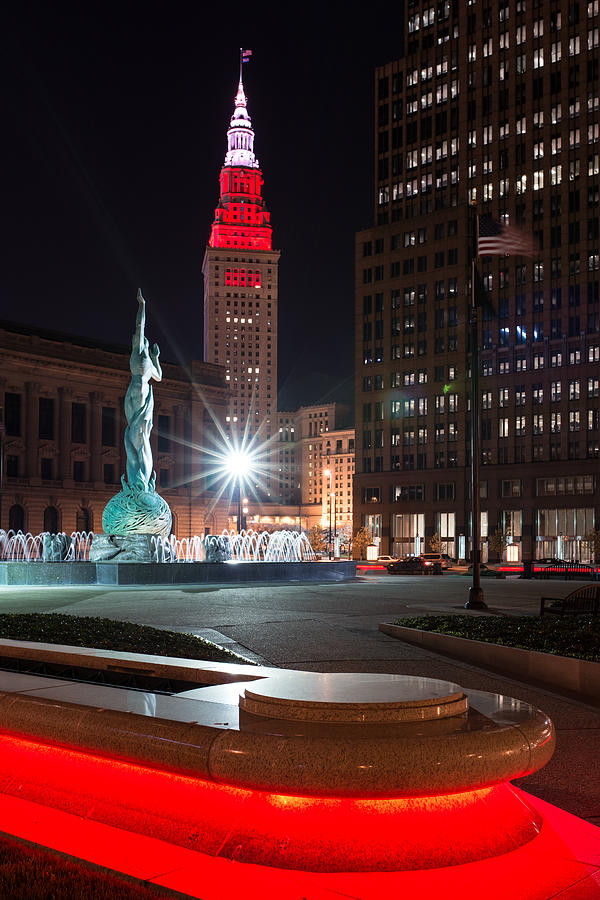 Fountain and Terminal Tower in Red Photograph by Clint Buhler