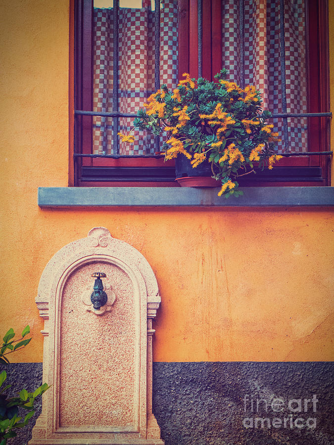 Architecture Photograph - Fountain and window with flowers and checkered curtains by Silvia Ganora