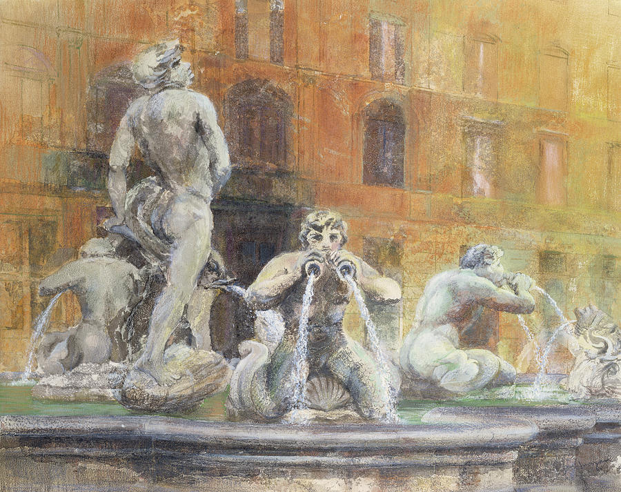 Italian Photograph - Fountain In The Piazza Navona, Rome, 1982 Wc And Gouache On Paper by Glyn Morgan