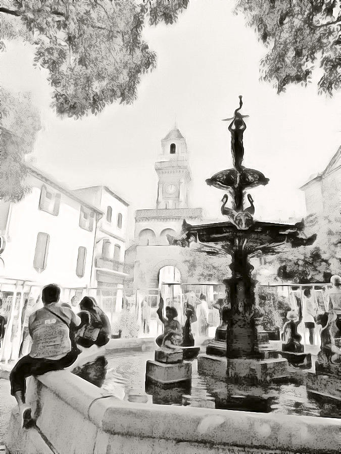 Black And White Digital Art - Fountain in the Square by Tina Concetta Marzocca