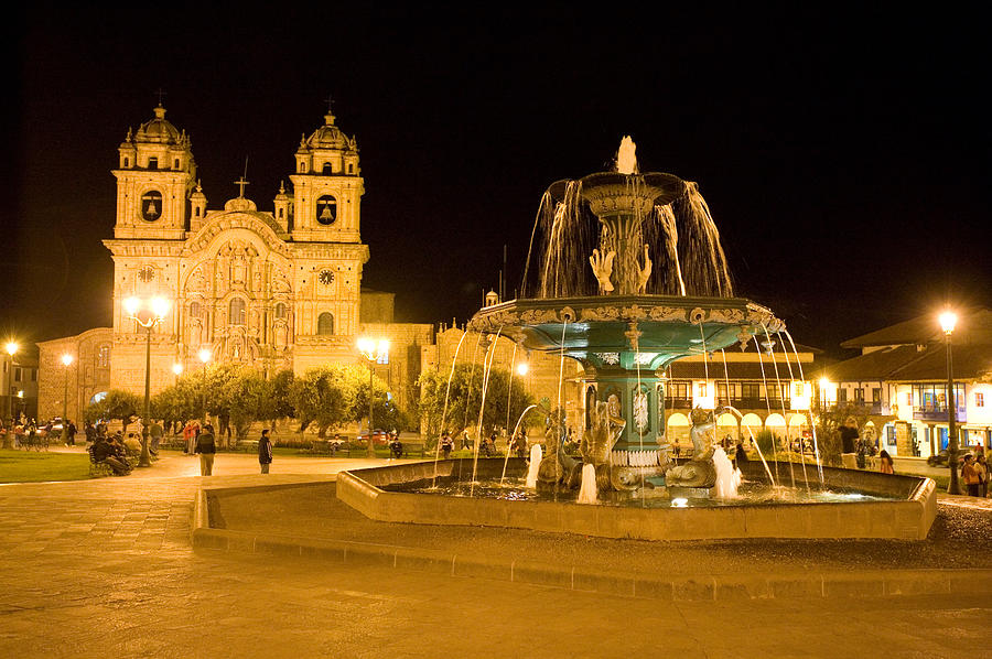 Fountain Lit Up At Night At A Town Photograph by Panoramic Images