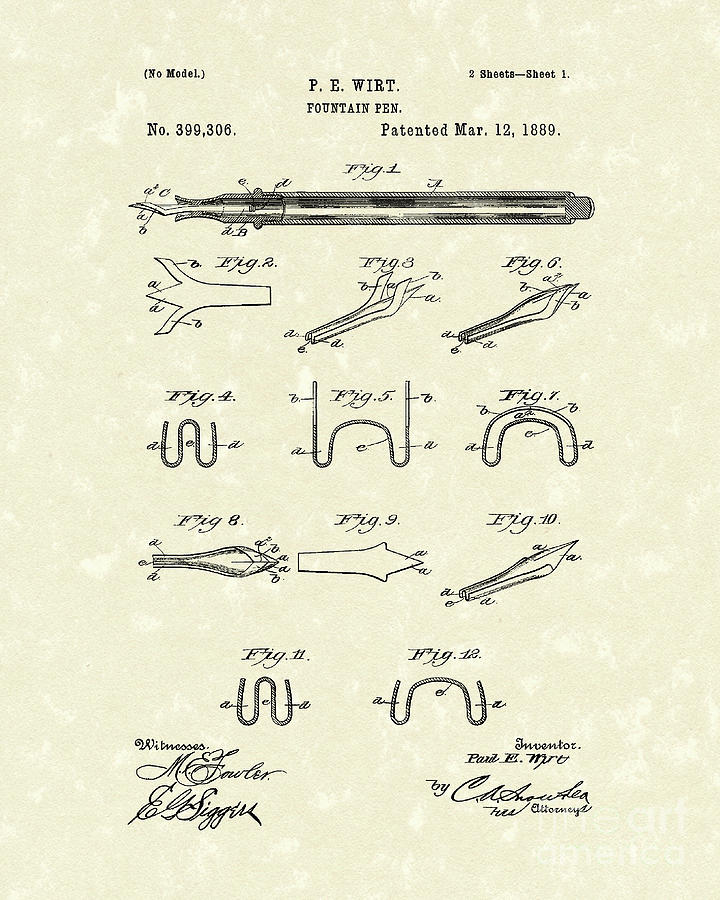 Fountain Pen 1889 Patent Art Drawing by Prior Art Design