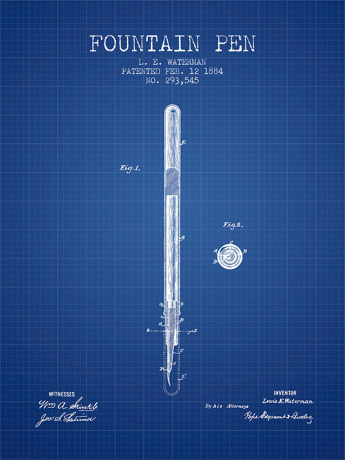 Vintage Digital Art - Fountain Pen patent from 1884 - Blueprint by Aged Pixel