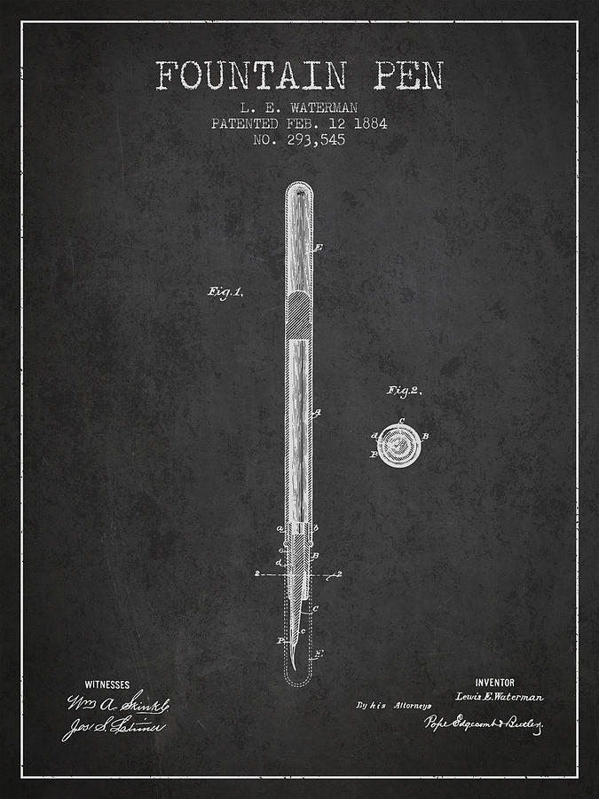 Pen Digital Art - Fountain Pen Patent From 1884 - Charcoal by Aged Pixel Pen Digital Art - Fountain Pen Patent From 1884 - Charcoal by Aged Pixel
