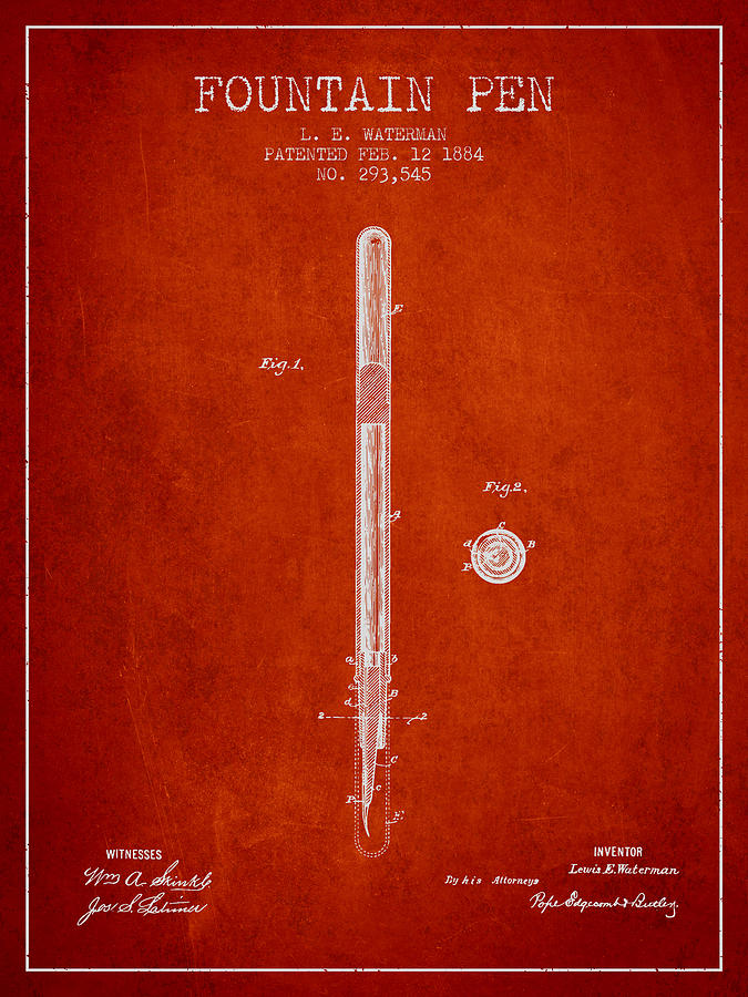 Vintage Digital Art - Fountain Pen patent from 1884 - Red by Aged Pixel