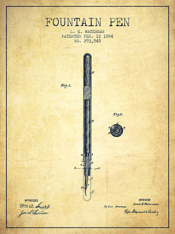 Fountain Pen Patent From 1884 - Vintage Digital Art