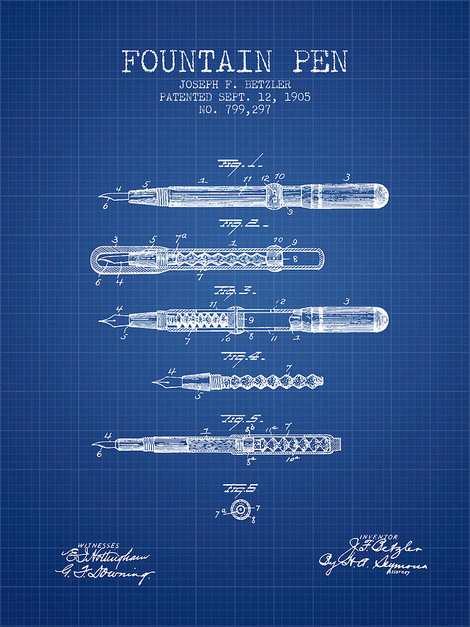 Vintage Drawing - Fountain Pen patent from 1905 - Blueprint by Aged Pixel