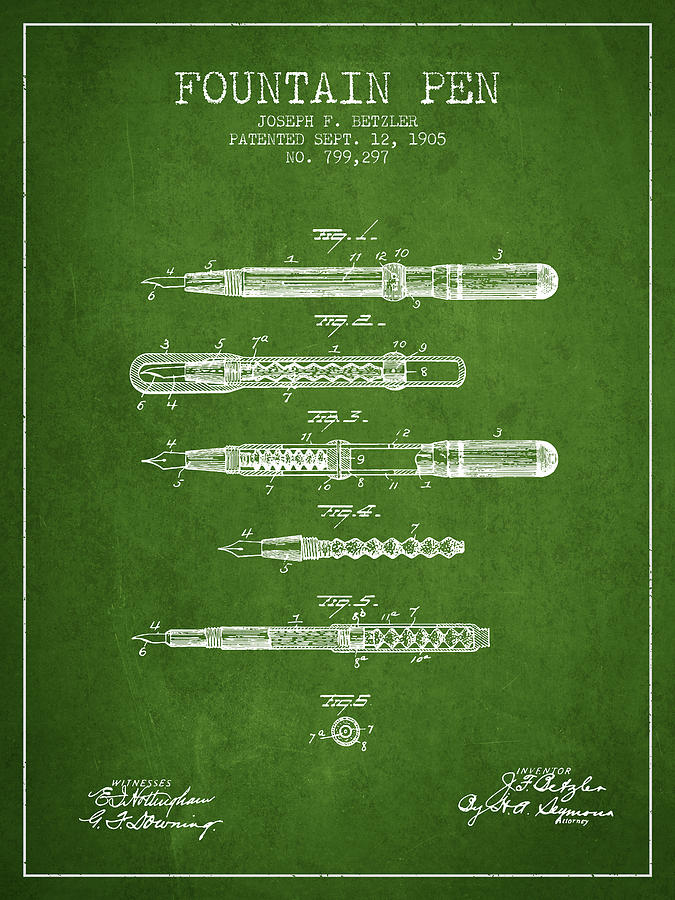 Vintage Drawing - Fountain Pen patent from 1905 - Green by Aged Pixel