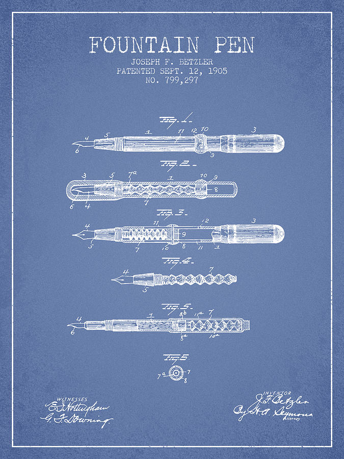 Vintage Drawing - Fountain Pen patent from 1905 - Light Blue by Aged Pixel