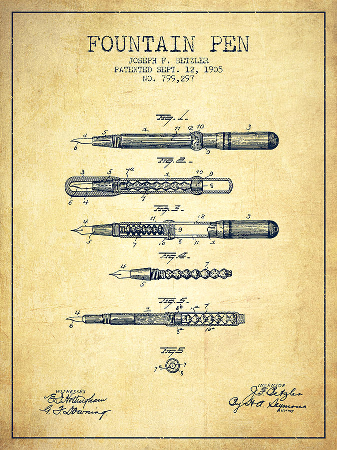 Vintage Drawing - Fountain Pen patent from 1905 - Vintage by Aged Pixel
