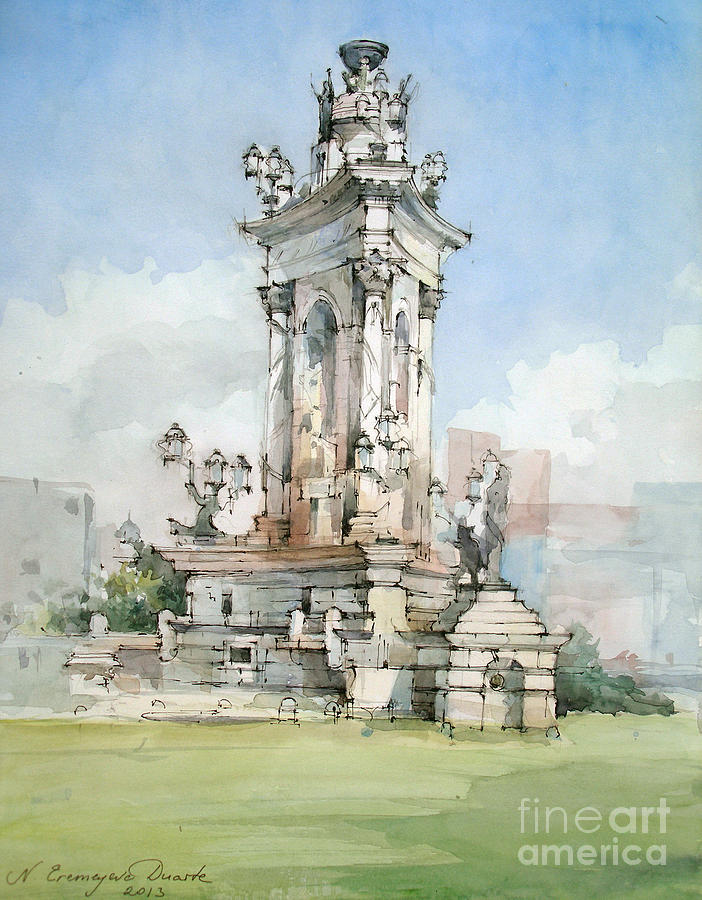 Fountain- Placa d Espanya - Barcelona Painting by Natalia Eremeyeva Duarte