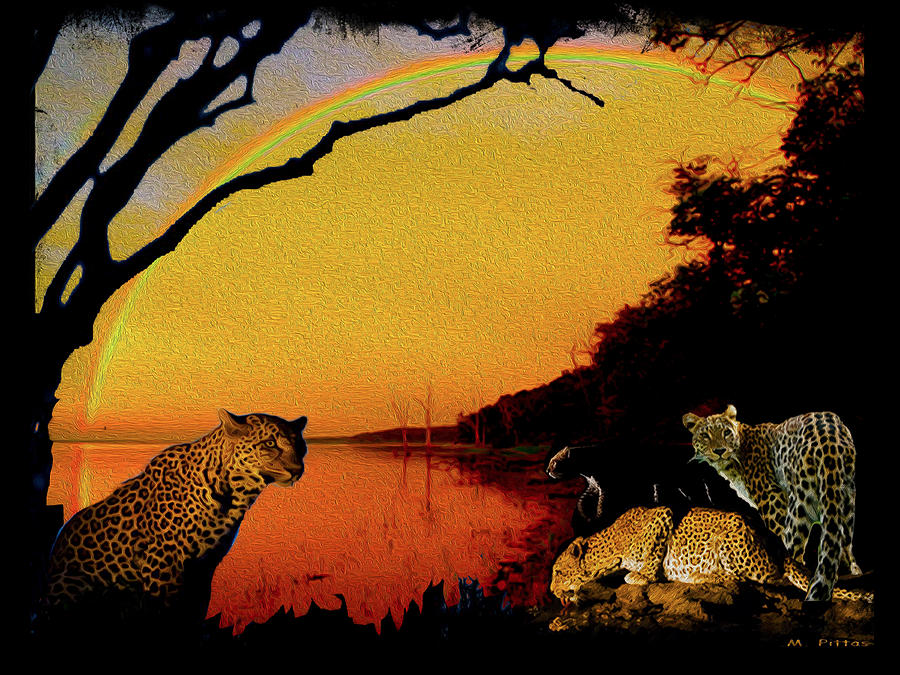 Black Panther Movie Mixed Media - Four At Waterhole by Michael Pittas