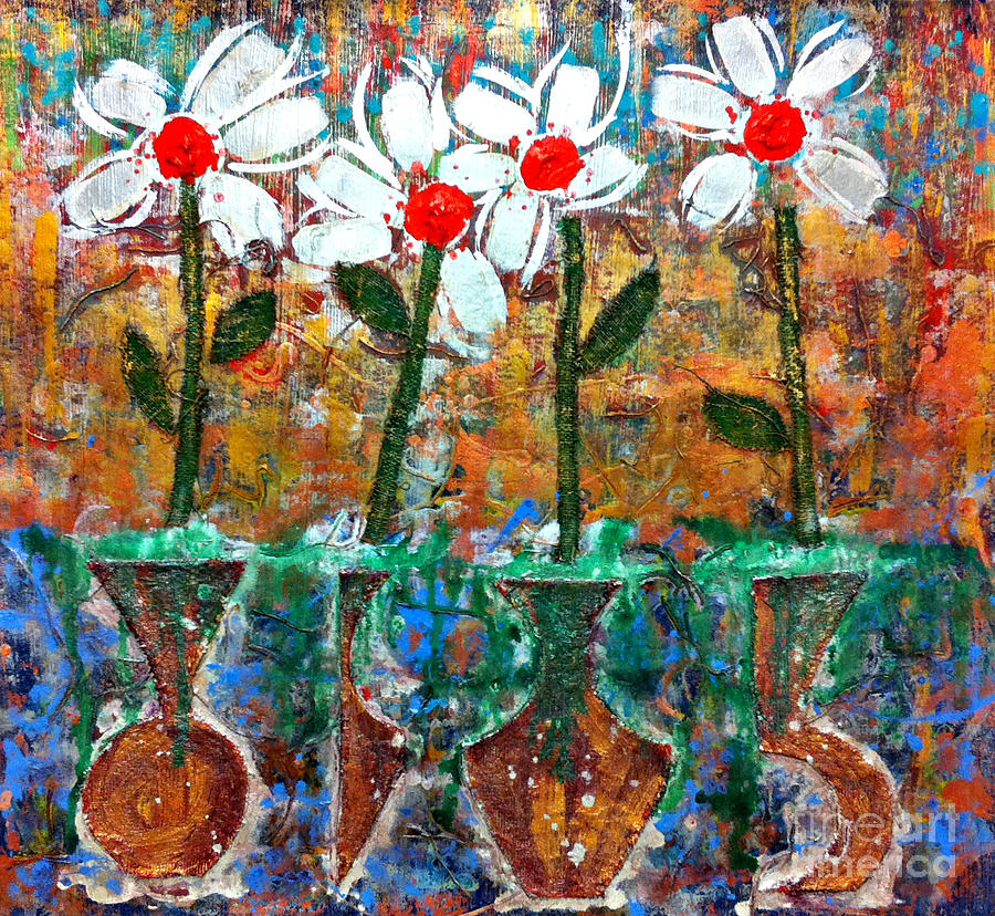 Four Flowers Four Vessels Painting by Cleaster Cotton