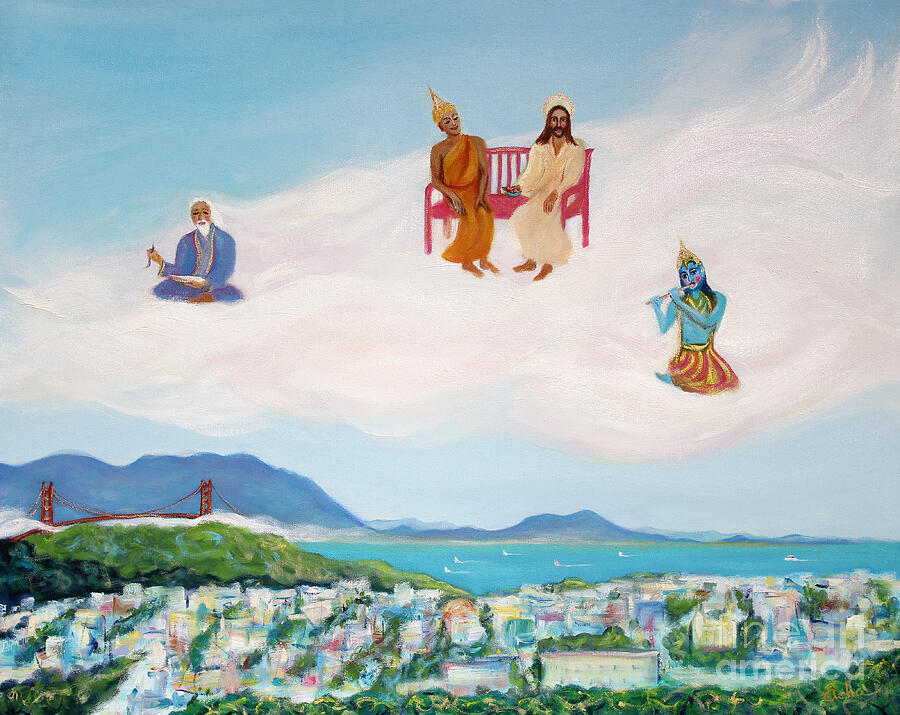 Four Friends Hanging Out Together Over San Francisco Painting by Asha Carolyn Young
