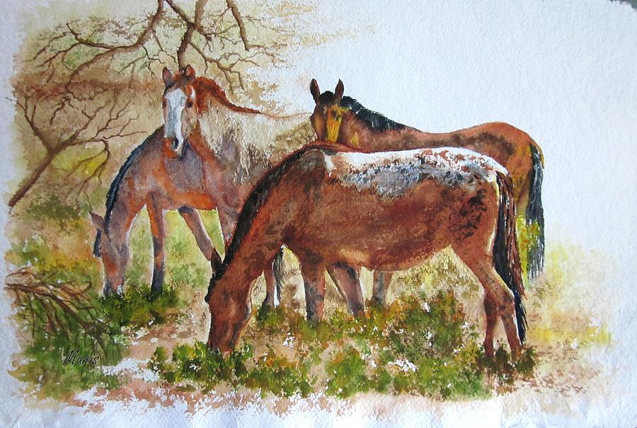 Four Horses Grazing Painting by Maris Sherwood