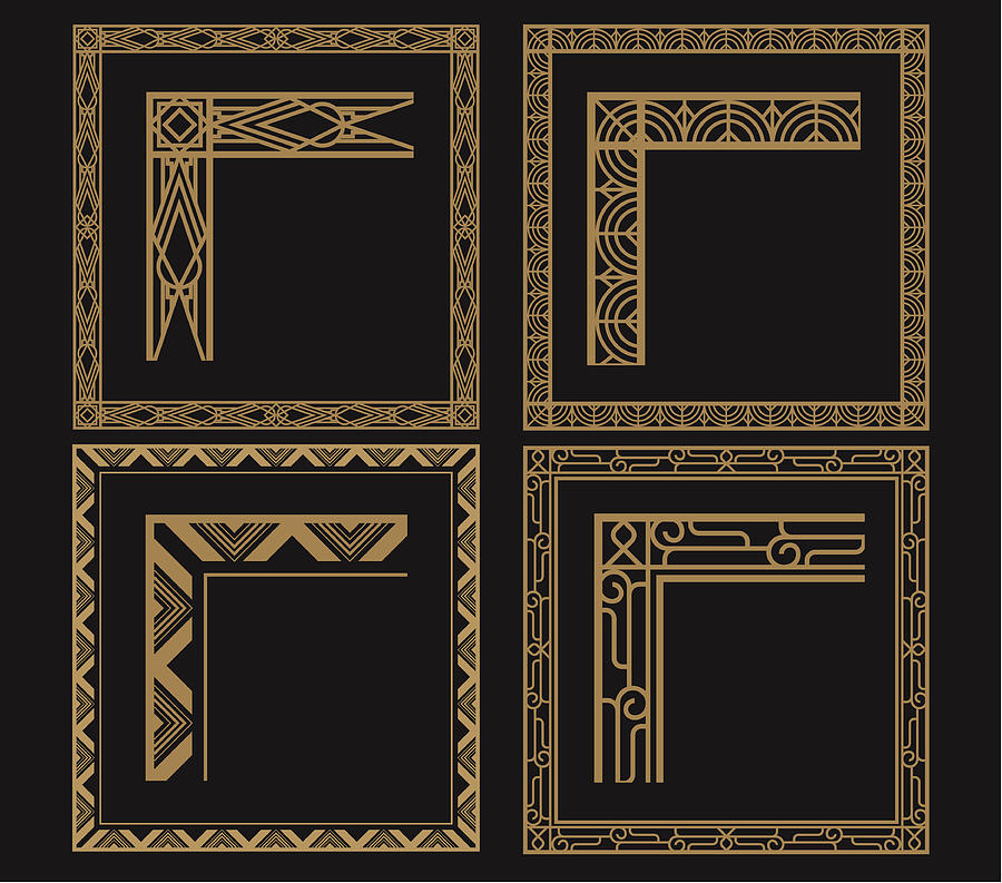 Four intricate gold art deco borders on black Drawing by GelatoPlus