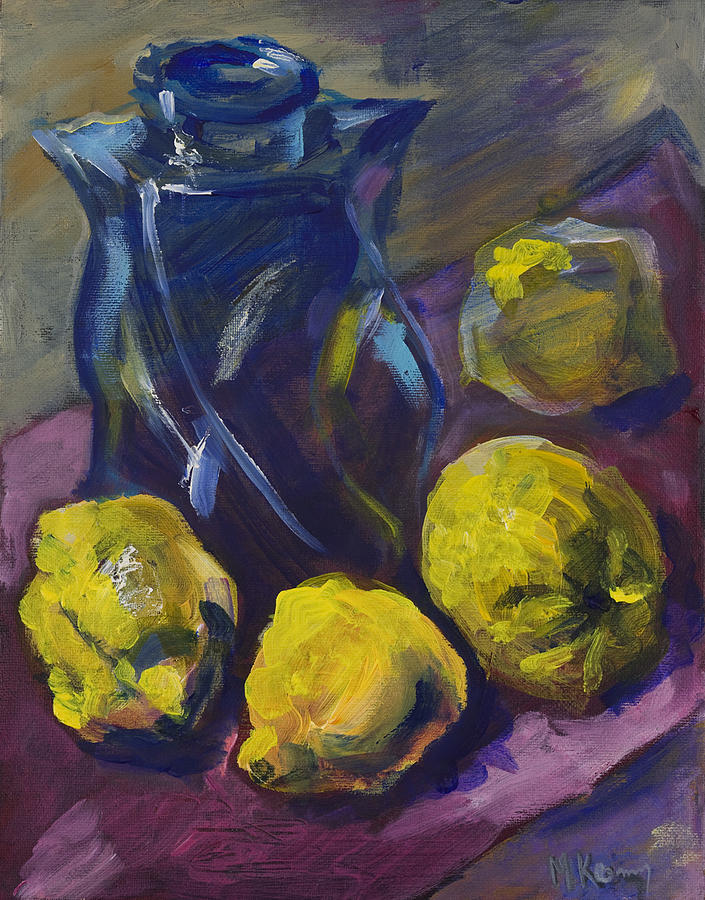 Four Lemons and a Blue Vase Painting by Maxim Komissarchik