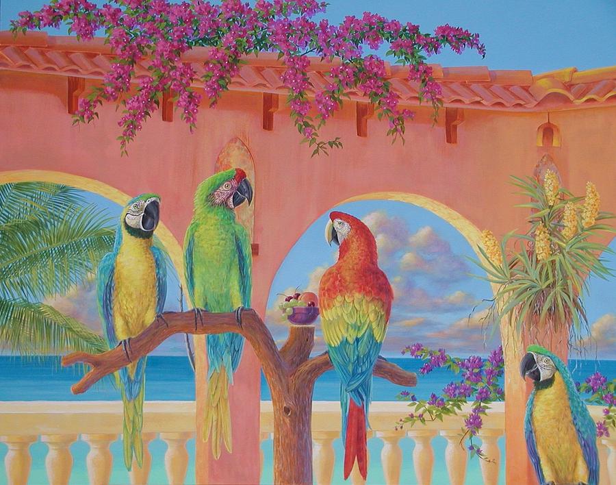 Parrot Painting - Four Macaws by Bonnie Golden