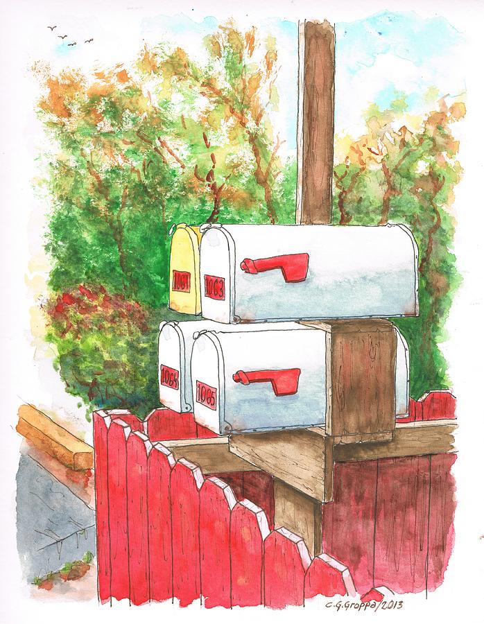 Four mail boxes near a picket fence in Laguna Beach, California Painting by Carlos G Groppa