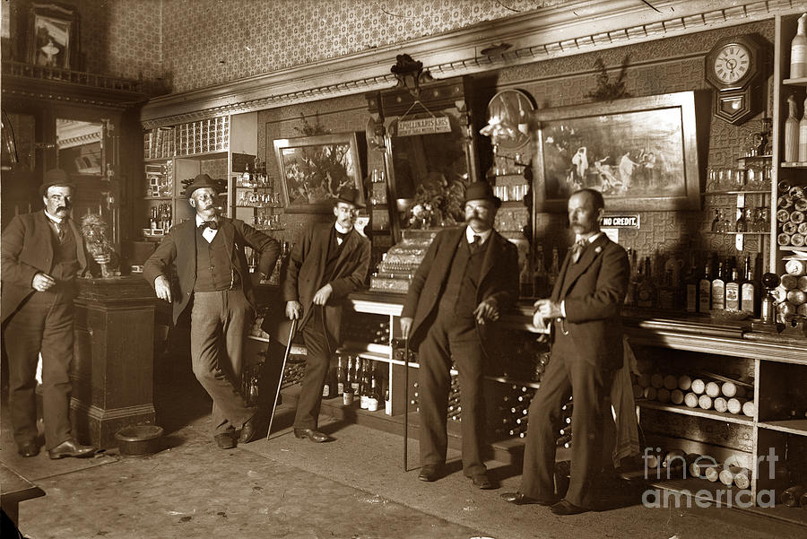Wine Photograph - Five men in a saloon circa 1895 by Monterey County Historical Society