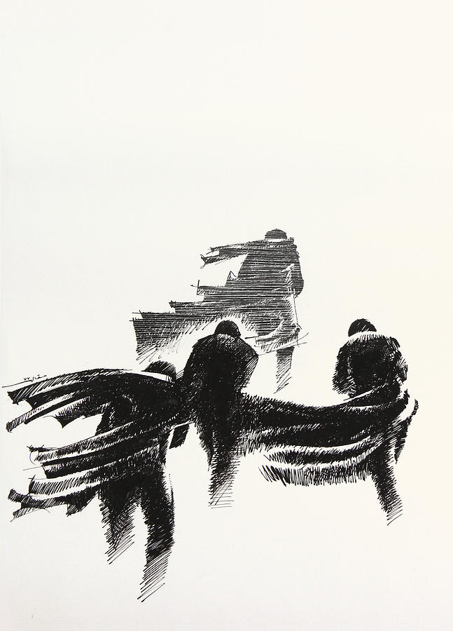 Four Men in the Wind Drawing by Mamoun Sakkal