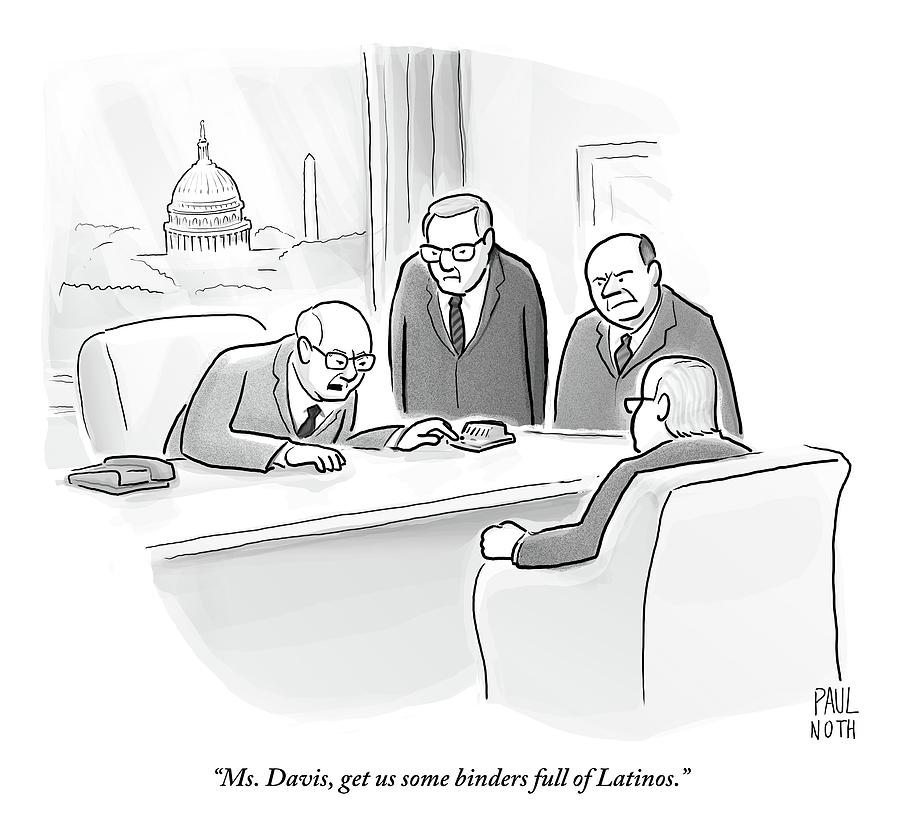 Four Old Washington Bureaucrats Stand Over A Desk Drawing by Paul Noth