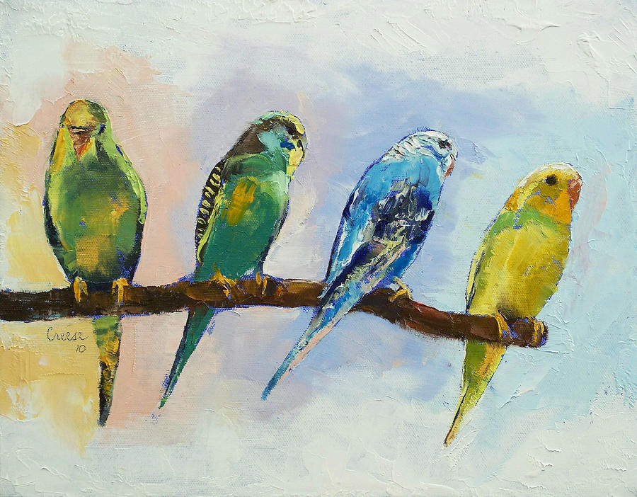 Four Parakeets Painting by Michael Creese