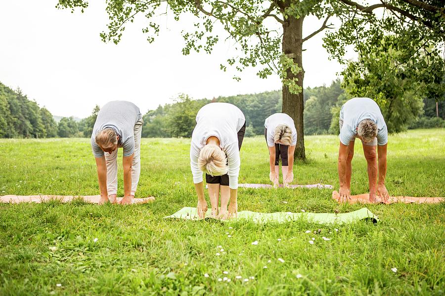 Four People Doing Yoga In Field Photograph by Science Photo Library