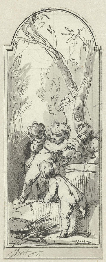 Brush Drawing - Four Putti With Palette And Brushes In Bossage by Quint Lox