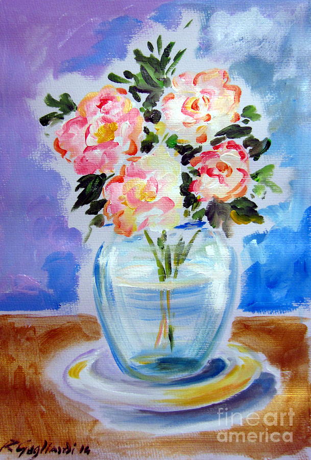 Four Roses in a Glass Vase Painting by Roberto Gagliardi