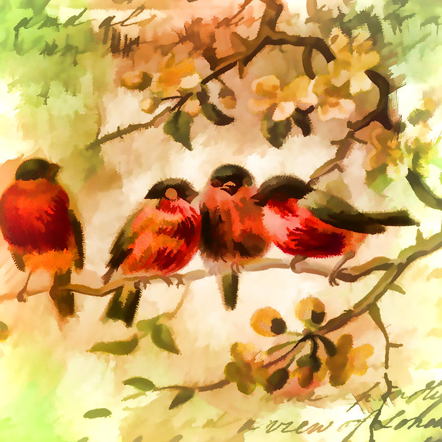 Four Songbirds Painting by Bonnie Bruno