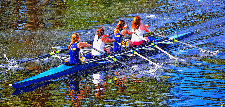 Four woman rowing Painting by David Lee Thompson