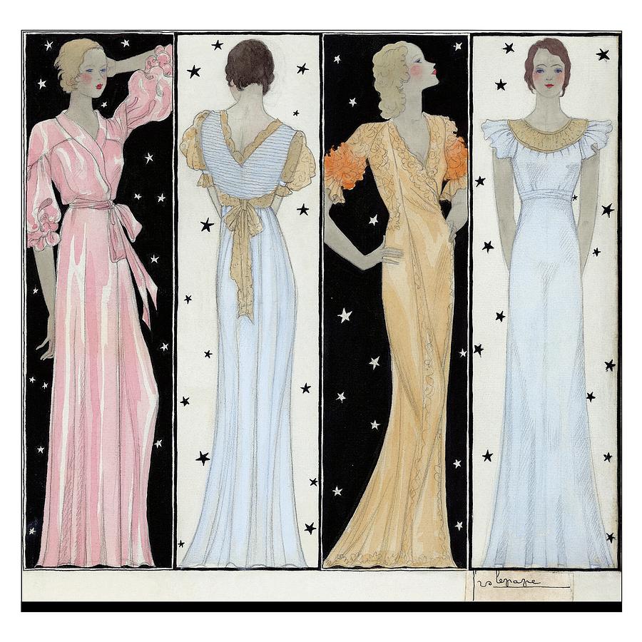 Four Women In Designer Evening Gowns Digital Art by Georges Lepape