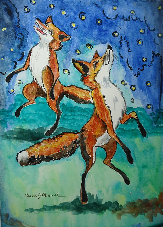 Foxes and Fireflies Painting by Carole Powell