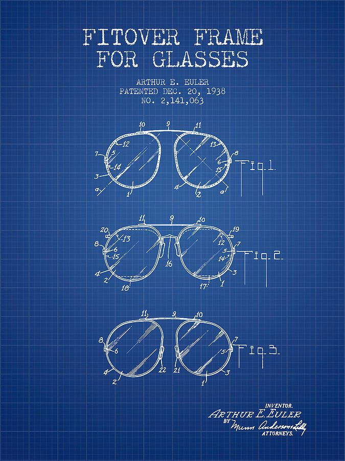 Vintage Digital Art - Frame for Glasses patent from 1938 - Blueprint by Aged Pixel