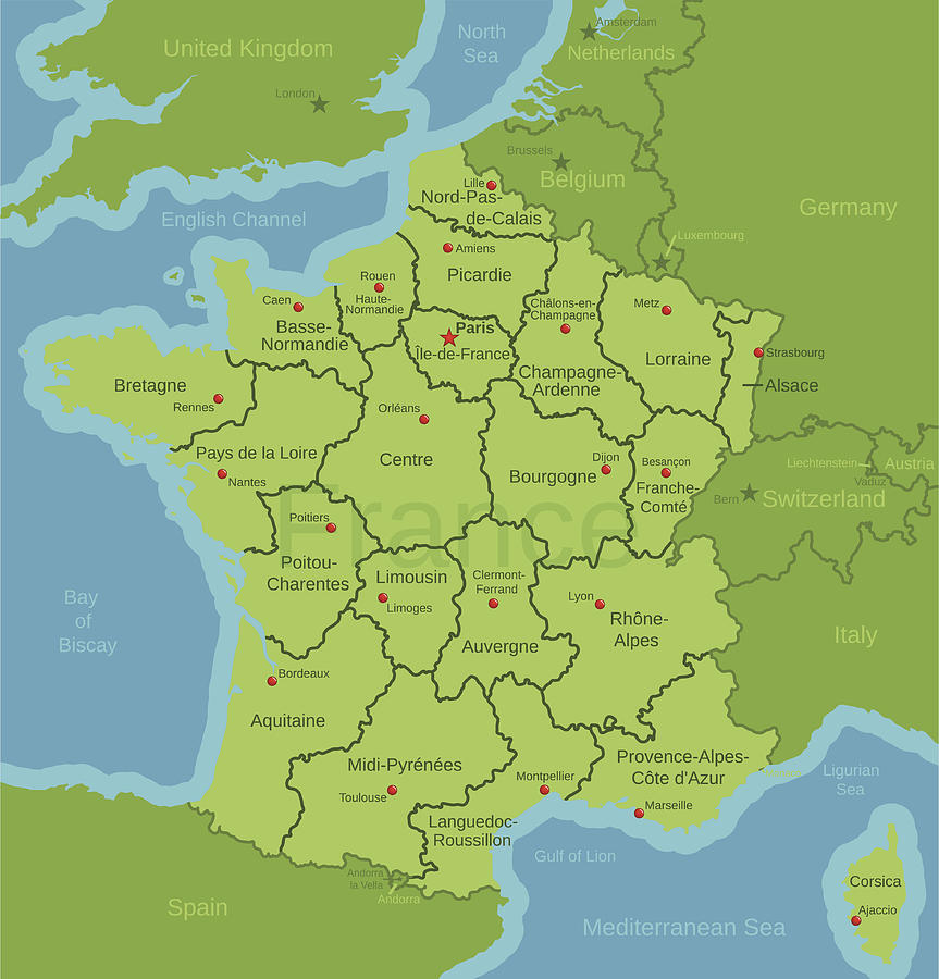 France Map showing Regions Drawing by Illustrious