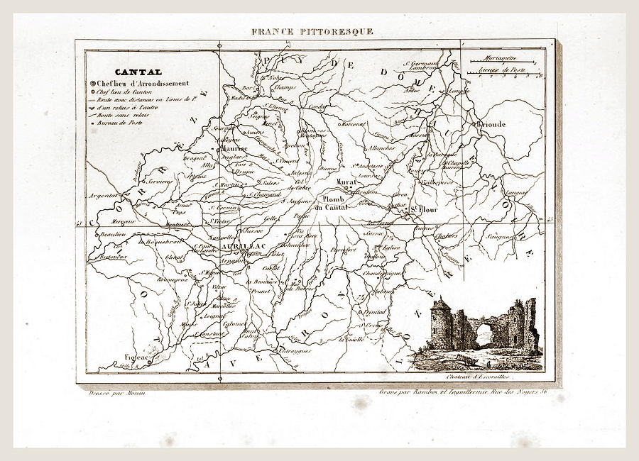 France Pittoresque, Cantal, Map Drawing by Litz Collection