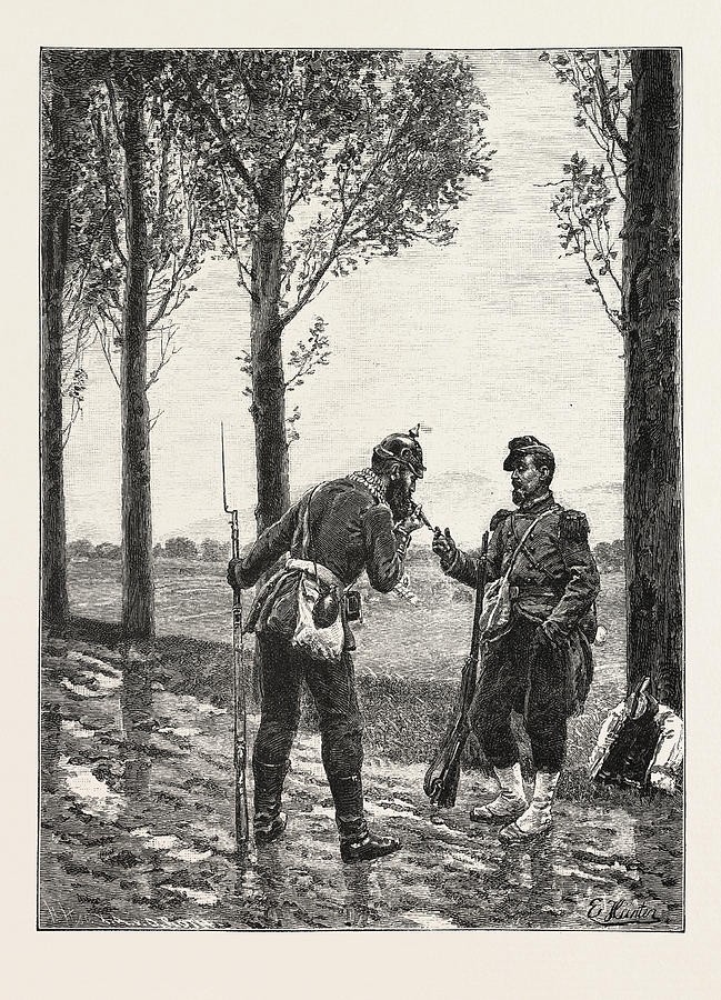 Vintage Drawing - Franco-prussian War Friendly Encounter Between Two Hostile by English School