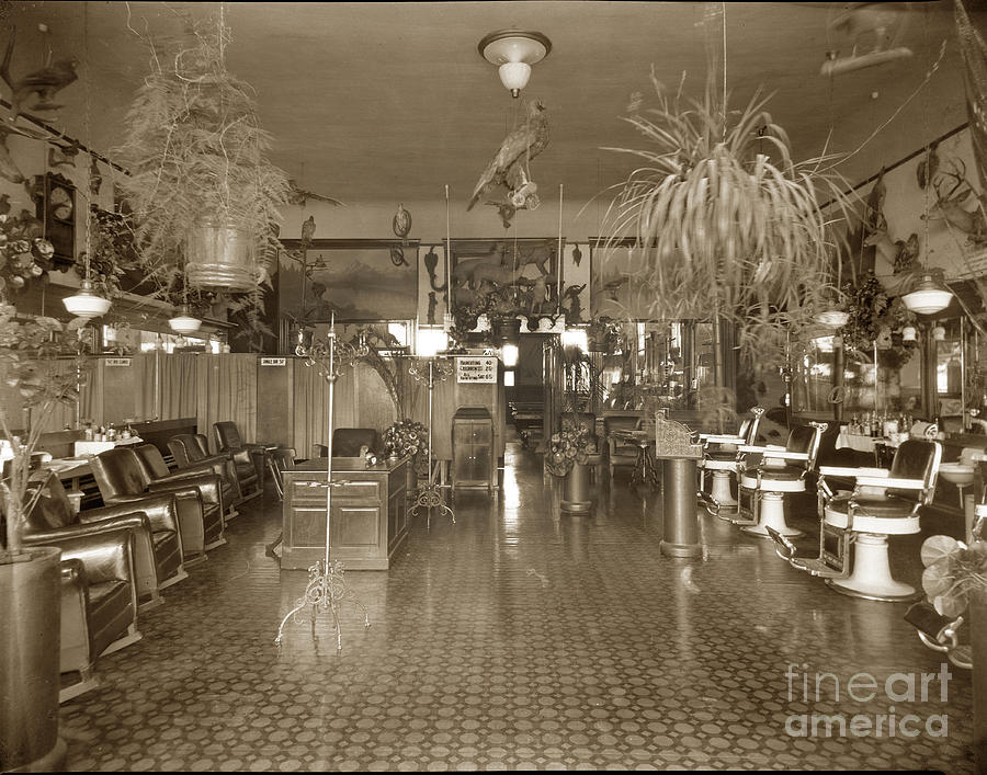 Museum Photograph - FRANKLIN VARIEN Museum Barber Shop and Billiard Hall on Forest Ave. 1910 by Monterey County Historical Society