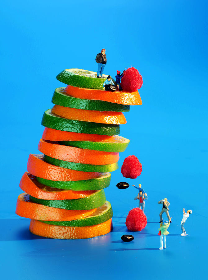 Surrealism Photograph - Free falling bodies experiment on fruit tower by Paul Ge