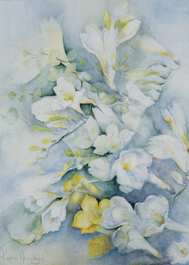 Still Life Painting - Freesia Eldus, Giant White by Karen Armitage