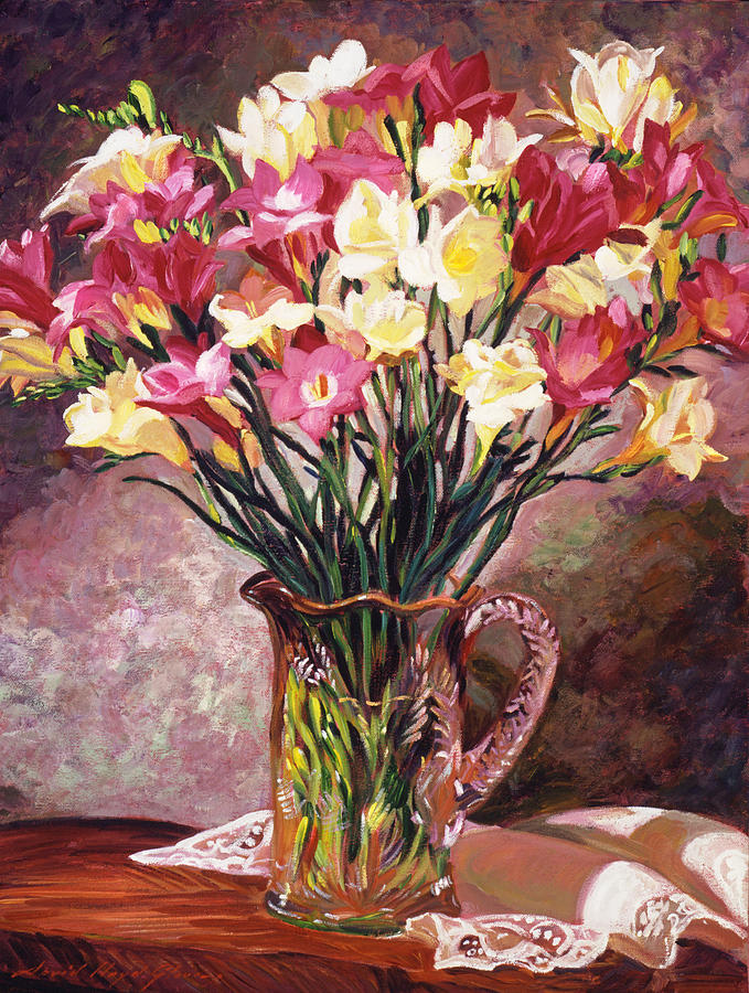 Still Life Painting - Freesias In Crystal Pitcher by David Lloyd Glover