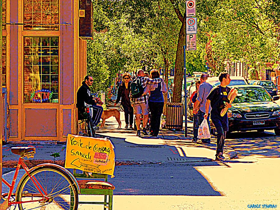 Bicycle Painting - French Bread On Laurier Street Montreal Cafe Scene Sunny Corner With Vente De Garage Sign by Carole Spandau