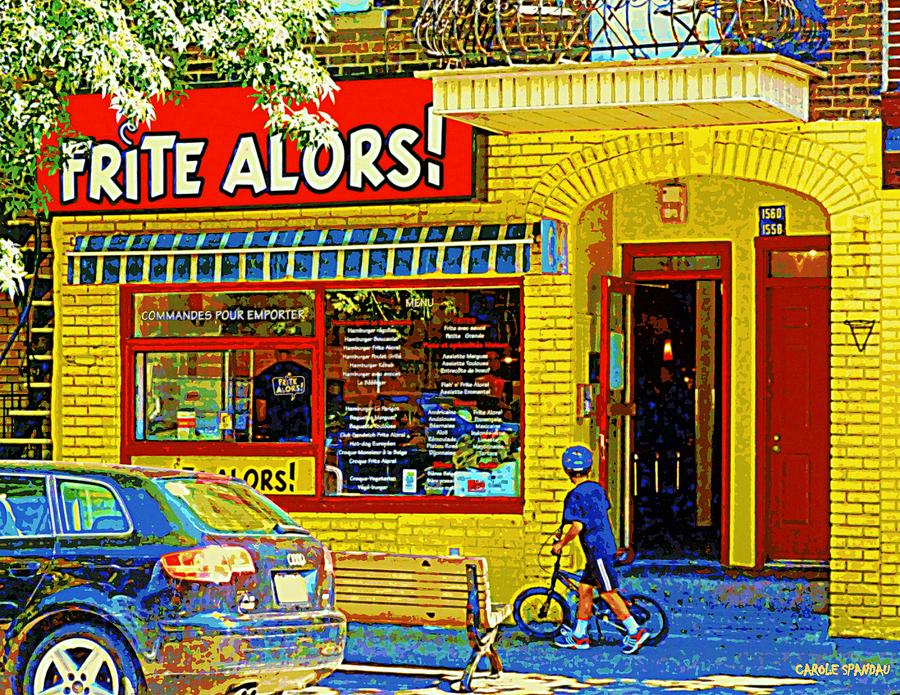 French Cafe Frite Alors Sandwich And Fries Shop Rue Laurier Montreal City Scene Art Carole Spandau Painting by Carole Spandau
