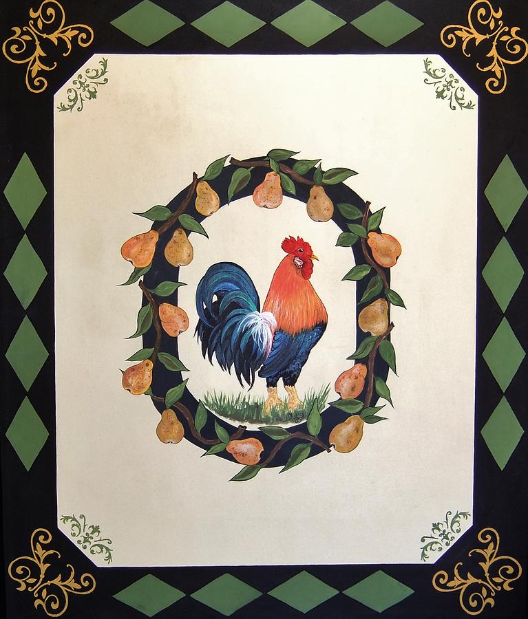 French Country Rooster With Pears Painting by Cindy Micklos